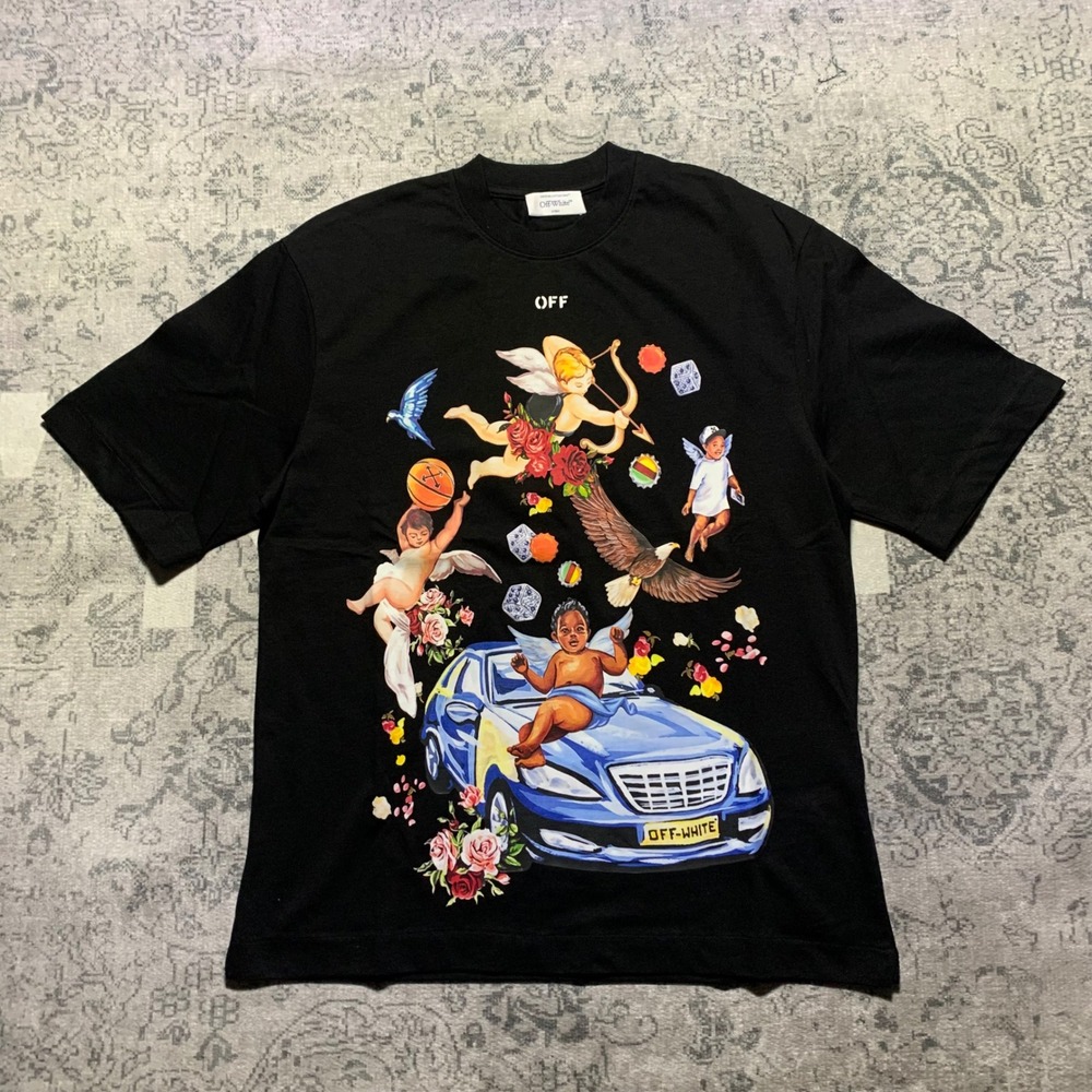 Off-White Graphic T-Shirt Mens XS Black Excellent Cherub Eagle Car Streetwear